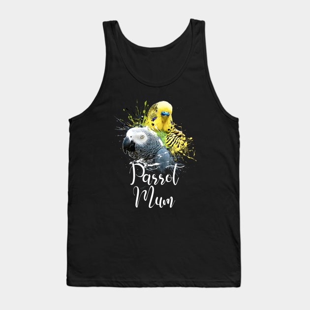 Parrot Mom Color Splatter Budgie and Grey Parrot Black Tank Top by BirdNerd